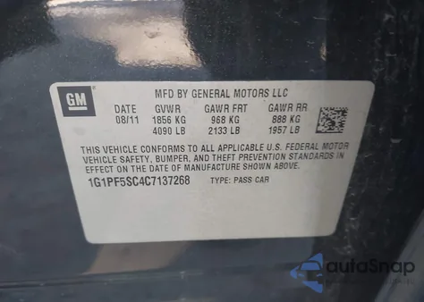 2012 Chevrolet Cruze Lt z USA, uszkodzony, nr VIN 1G1PF5SC4C7137268